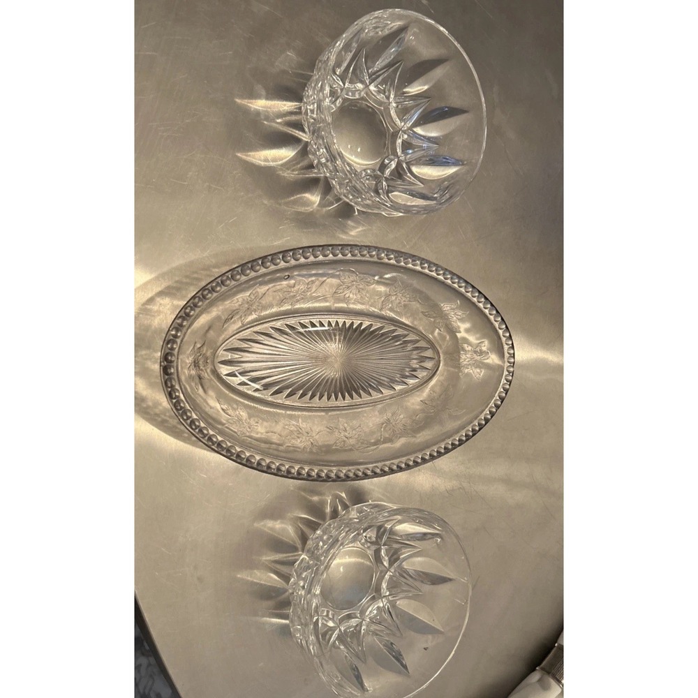 Vintage Clear Pressed Glass Ivy Leaf Platter and Starburst Bowls 3 Piece Set